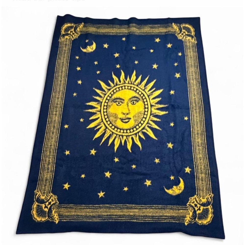 Vintage Biederlack Celestial Sun Moon Stars Blanket Navy Gold 52x69 USA